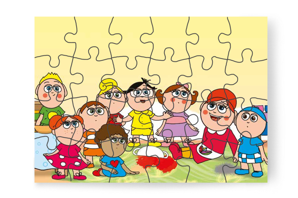 Óvónéni és a gyerekek együtt nevetnek – 24 darabos karton puzzle | Óvónéni és a szőnyeg