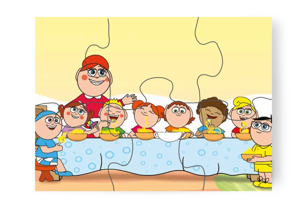 Végül együtt megebédelnek – 6 darabos karton puzzle | Óvónéni és a szőnyeg