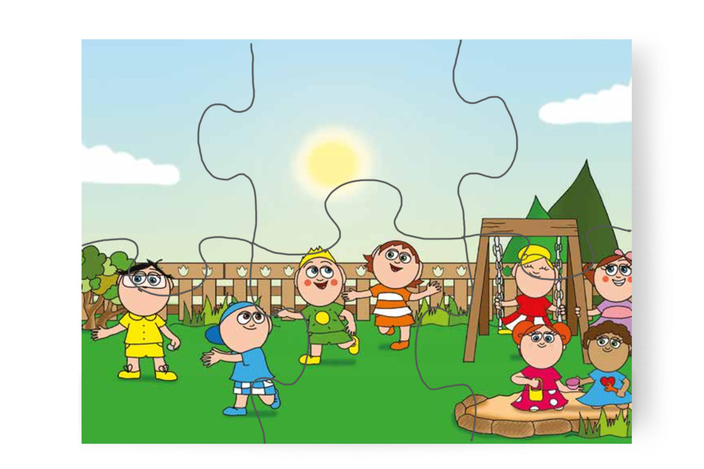 A gyerekek az udvaron játszanak – 6 darabos karton puzzle | Tamás és a rosszalkodás