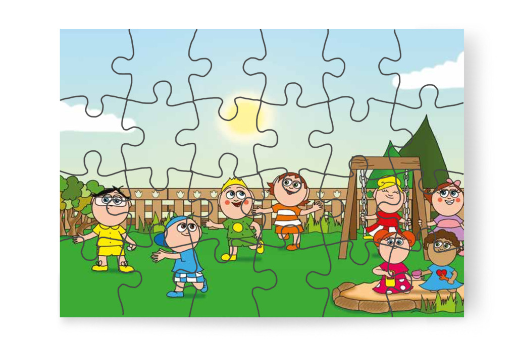 A gyerekek az udvaron játszanak – 24 darabos karton puzzle | Tamás és a rosszalkodás