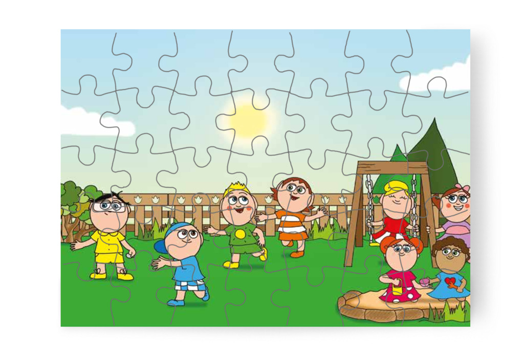 A gyerekek az udvaron játszanak – 35 darabos karton puzzle | Tamás és a rosszalkodás