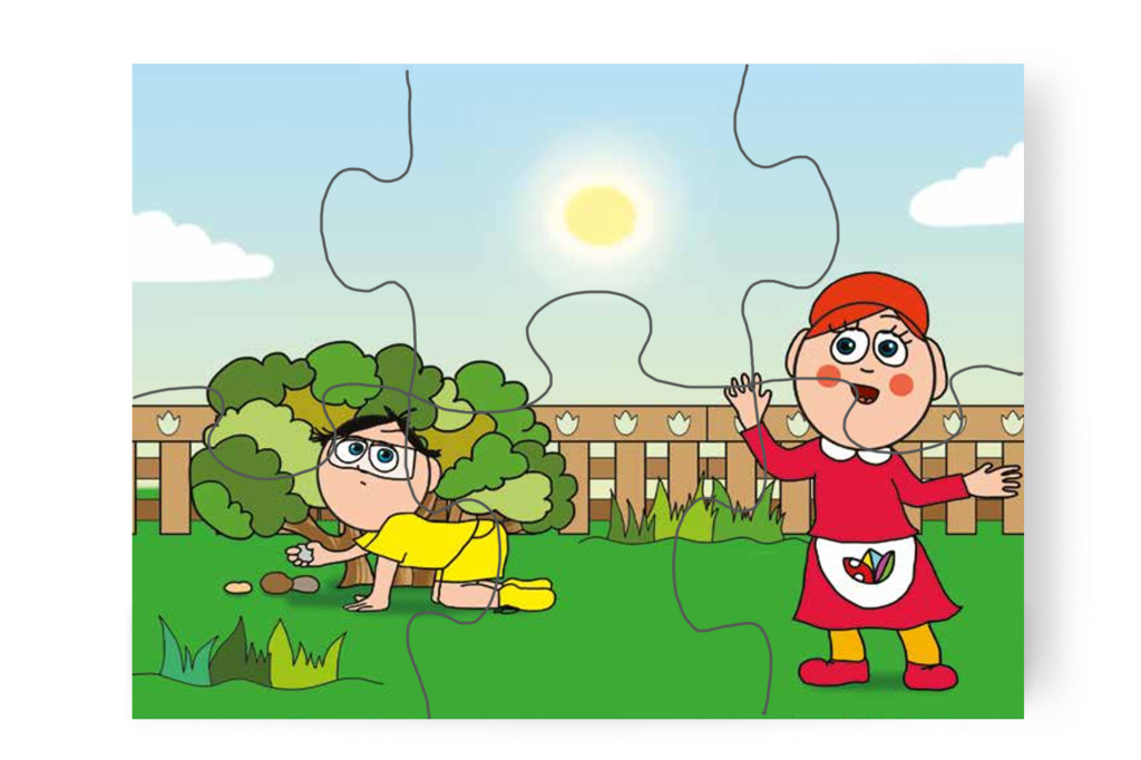 Tamás kavicsot keres a bokor alatt – 6 darabos karton puzzle | Tamás és a rosszalkodás