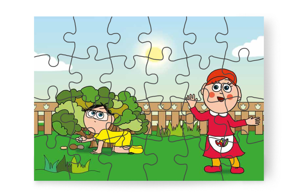 Tamás kavicsot keres a bokor alatt – 24 darabos karton puzzle | Tamás és a rosszalkodás