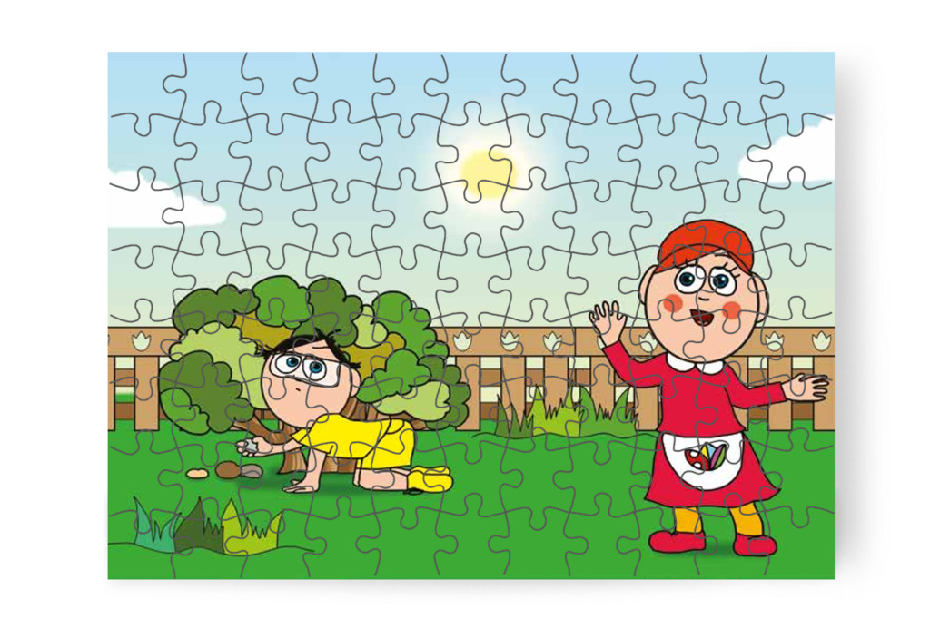 Tamás kavicsot keres a bokor alatt – 88 darabos karton puzzle | Tamás és a rosszalkodás