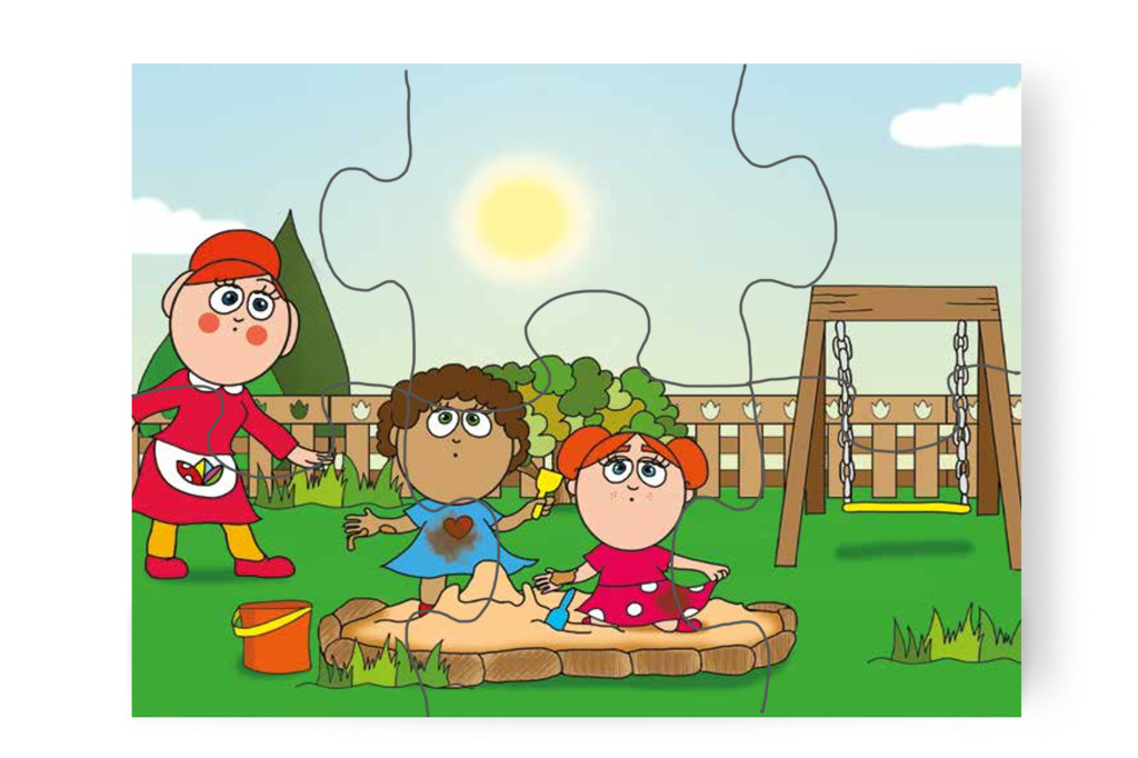 Dolly és Klára vizes homokkal játszik – 6 darabos karton puzzle | Tamás és a rosszalkodás