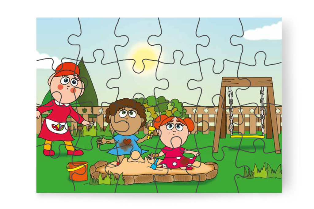 Dolly és Klára vizes homokkal játszik – 24 darabos karton puzzle | Tamás és a rosszalkodás