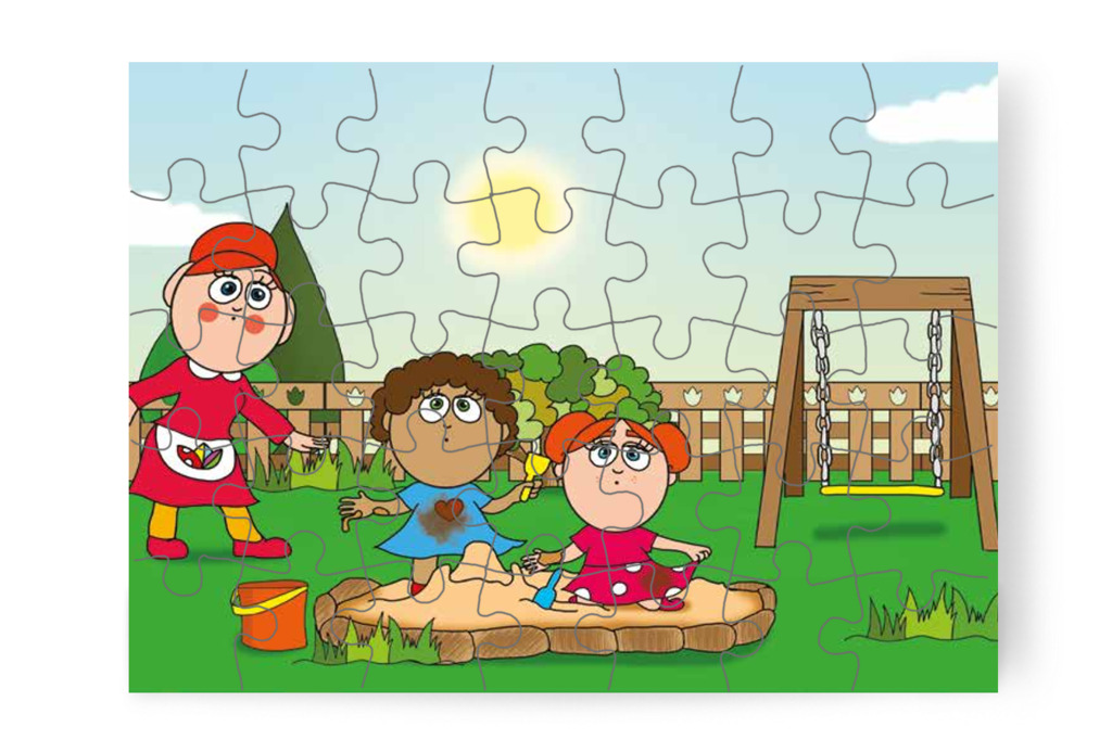Dolly és Klára vizes homokkal játszik – 35 darabos karton puzzle | Tamás és a rosszalkodás
