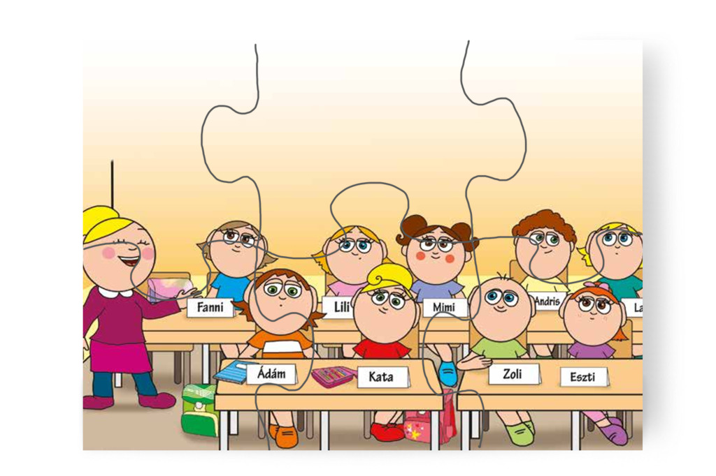 Névtáblát kapnak a gyerekek – Kata első napja az iskolában puzzle, 6 darab [TC36-10-P06]