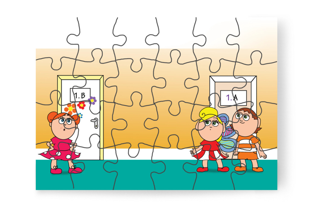 Kata és Ádám egy iskolában / az 1.A és 1.B ajtaja – Tulipán Csoport az 1.A osztályban puzzle, 24 darab [TC37-08-P24]