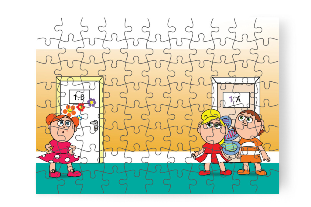 Kata és Ádám egy iskolában / az 1.A és 1.B ajtaja – Tulipán Csoport az 1.A osztályban puzzle, 88 darab [TC37-08-P88]