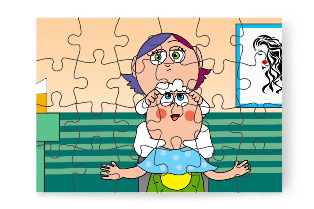 A samponozásra is panaszkodik – Patrik és a hajvágás puzzle, 24 darab [TC44-22-P24]