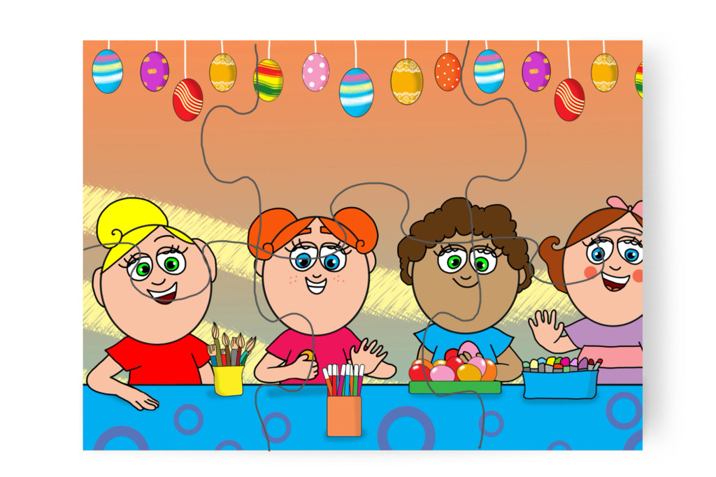 Négy lány díszíti a tojásokat – Klára és a húsvéti tojások puzzle, 6 darab [TC45-15-P06]