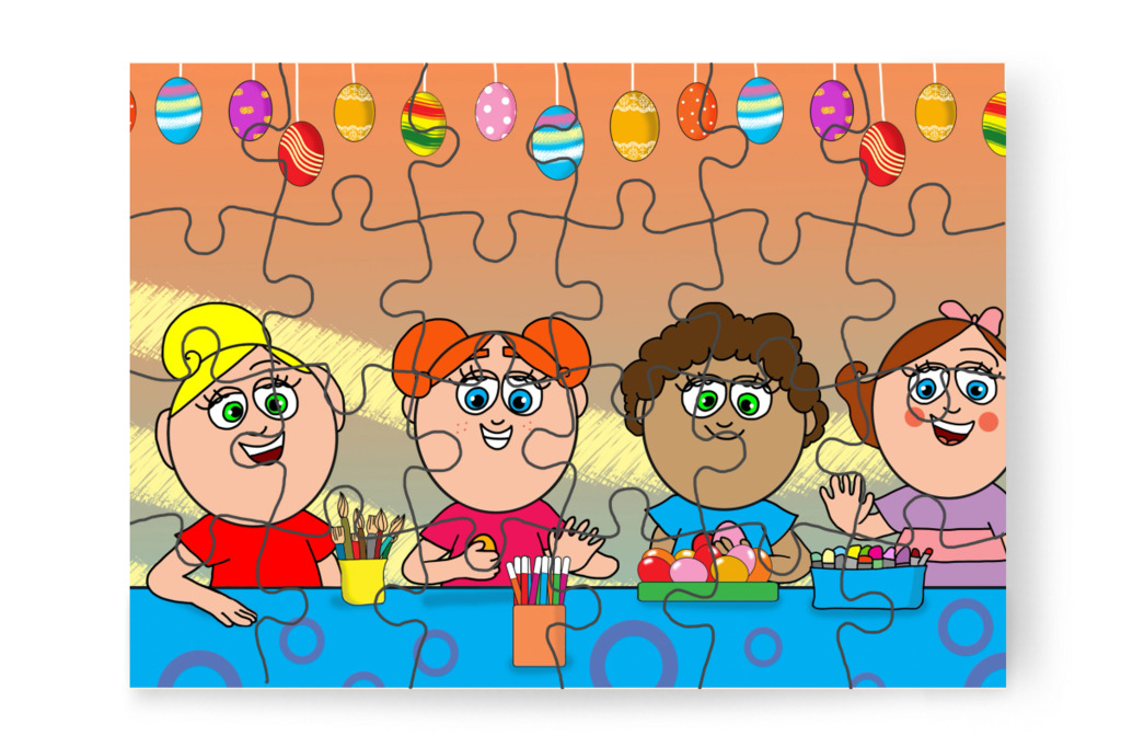 Négy lány díszíti a tojásokat – Klára és a húsvéti tojások puzzle, 24 darab [TC45-15-P24]