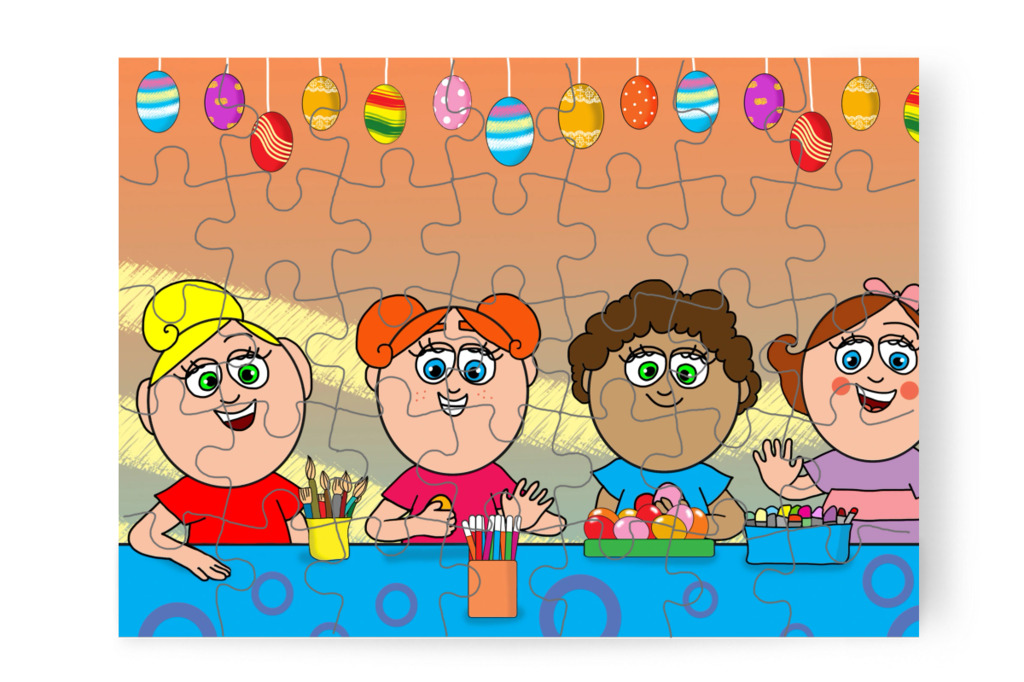Négy lány díszíti a tojásokat – Klára és a húsvéti tojások puzzle, 35 darab [TC45-15-P35]